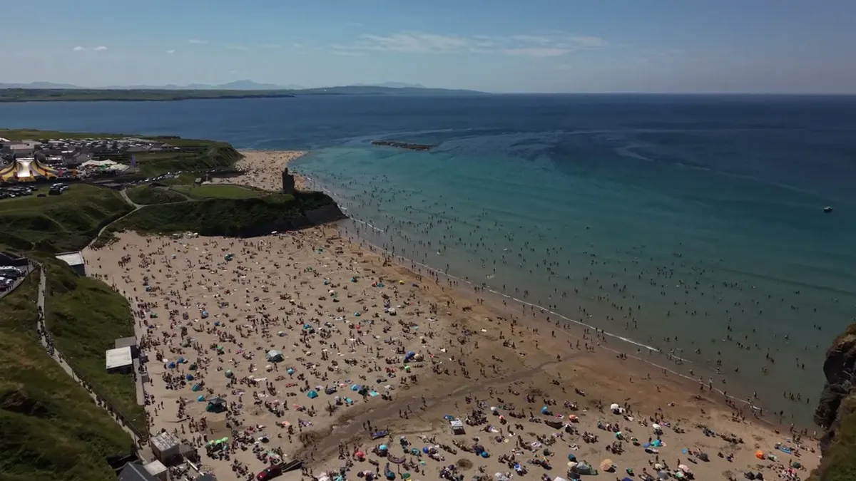 Ballybunion beach, castle ruins and town from the air